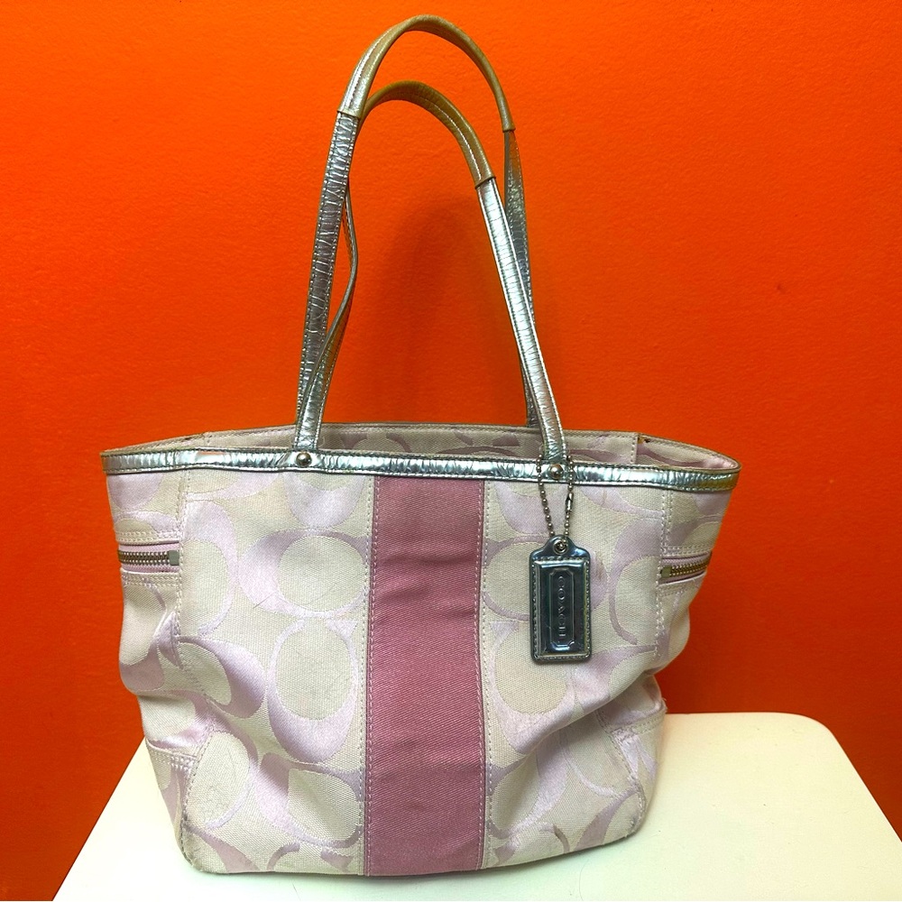 Coach Pink and Silver Signature Stripe Tote